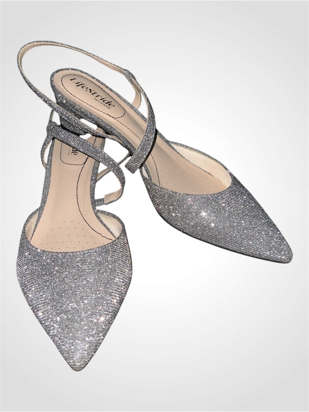 Life Stride Silver Glitter Pointed Slingback Flats — Sparkle Finish